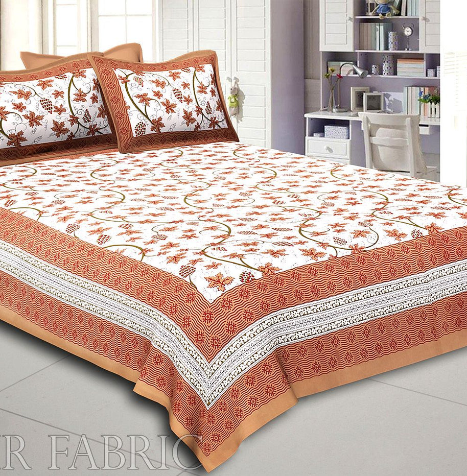 Sienna Border Grapes Pattern Screen Print Cotton Double Bed Sheet