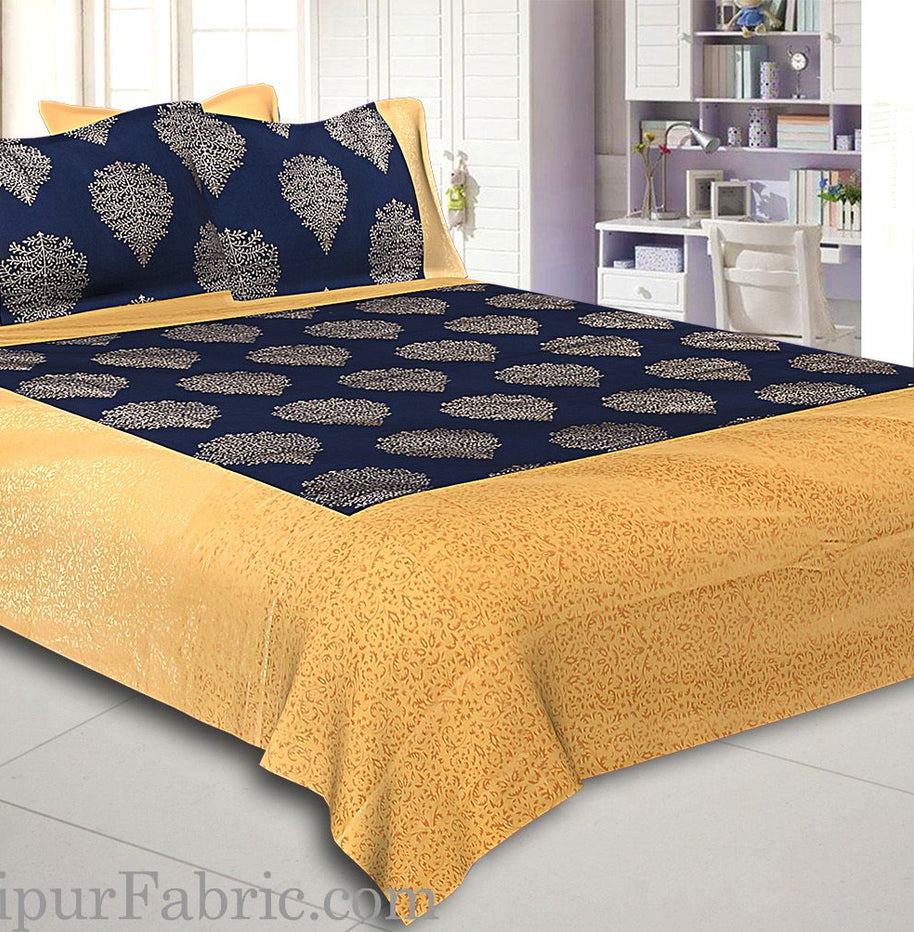 Cream Broad Border With Shining Gold Print Navy Blue Base Gold Small Tree  Pattern Super Fine Cotton  Double Bed Sheet