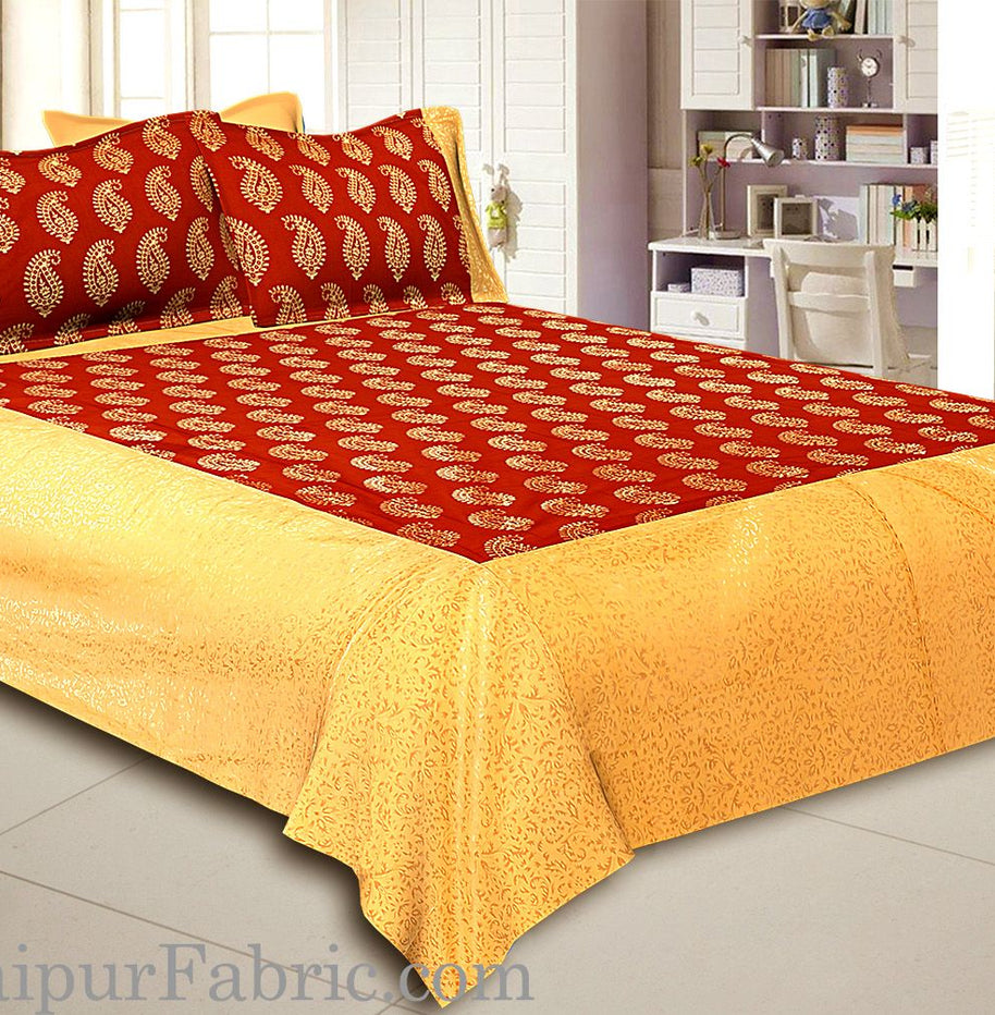 Cream Broad Border With Shining Gold Print Red  Base Gold Kerry Pattern Super Fine Cotton  Double Bed Sheet