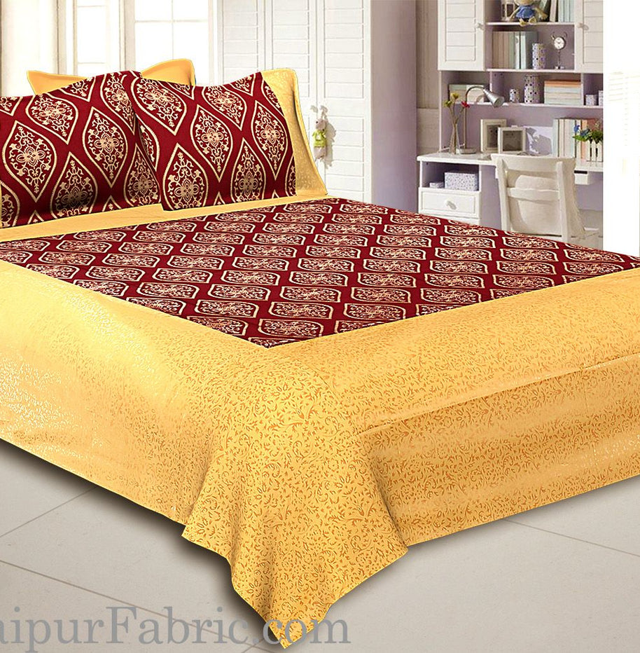 Cream Broad Border With Shining Gold Print Maroon Base Gold Retro Pattern Super Fine Cotton  Double Bed Sheet