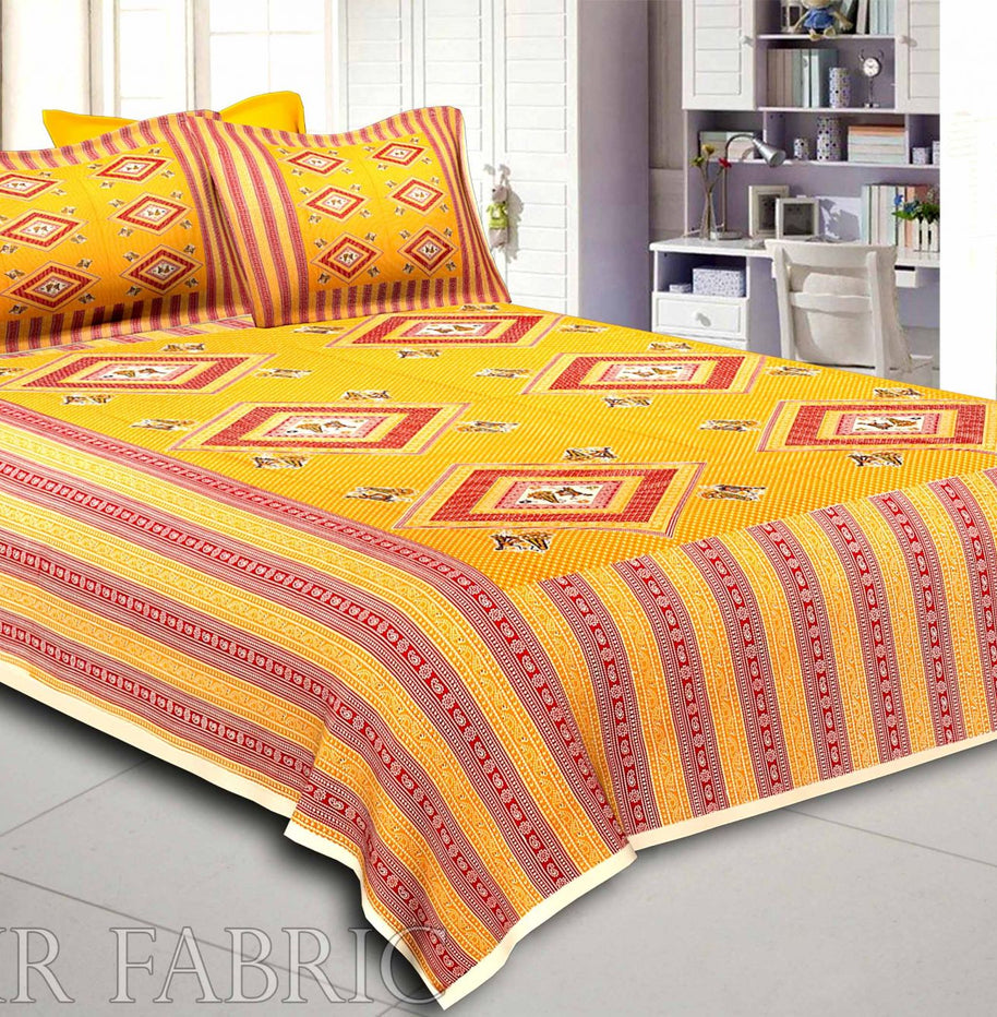 Cream Border Orange Base Dancing Couple Pattern Screen Print Cotton Double Bed Sheet