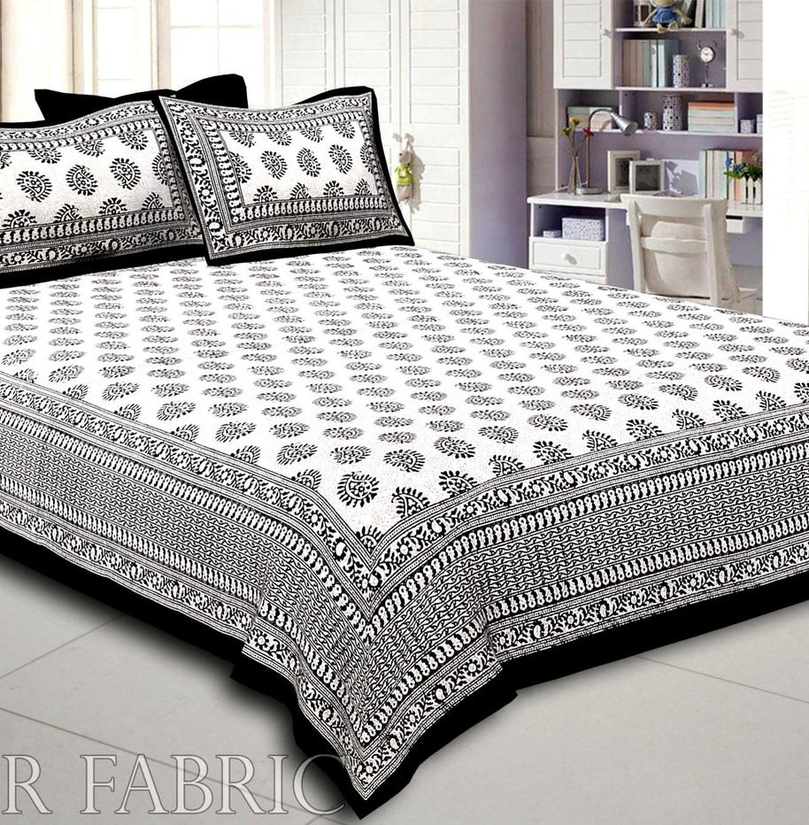 Black Border  Cream Base Kerry Pattern Hand Block Print Super Fine Cotton Bed Sheet