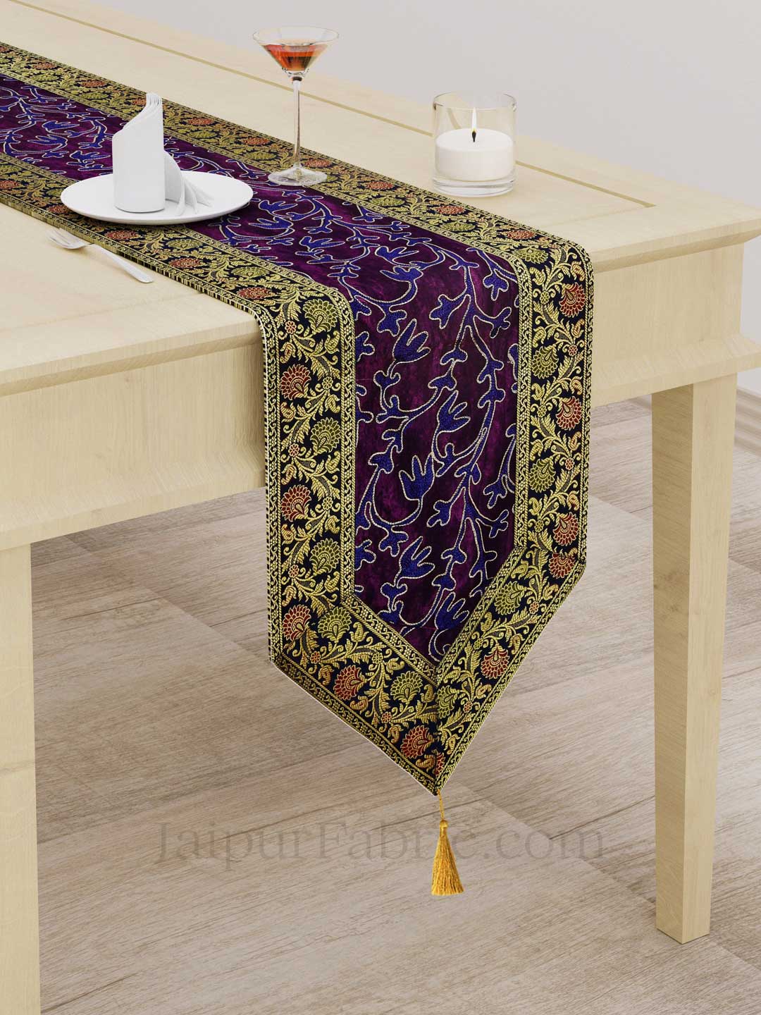 Traditional Thread Work Purple Silk Table Runner