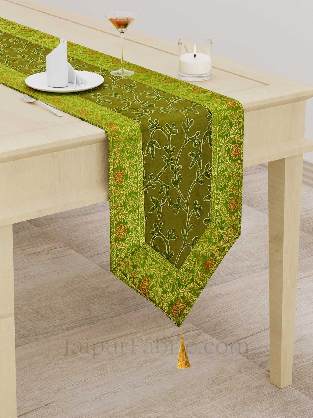 Traditional Thread Work Green Silk Table Runner