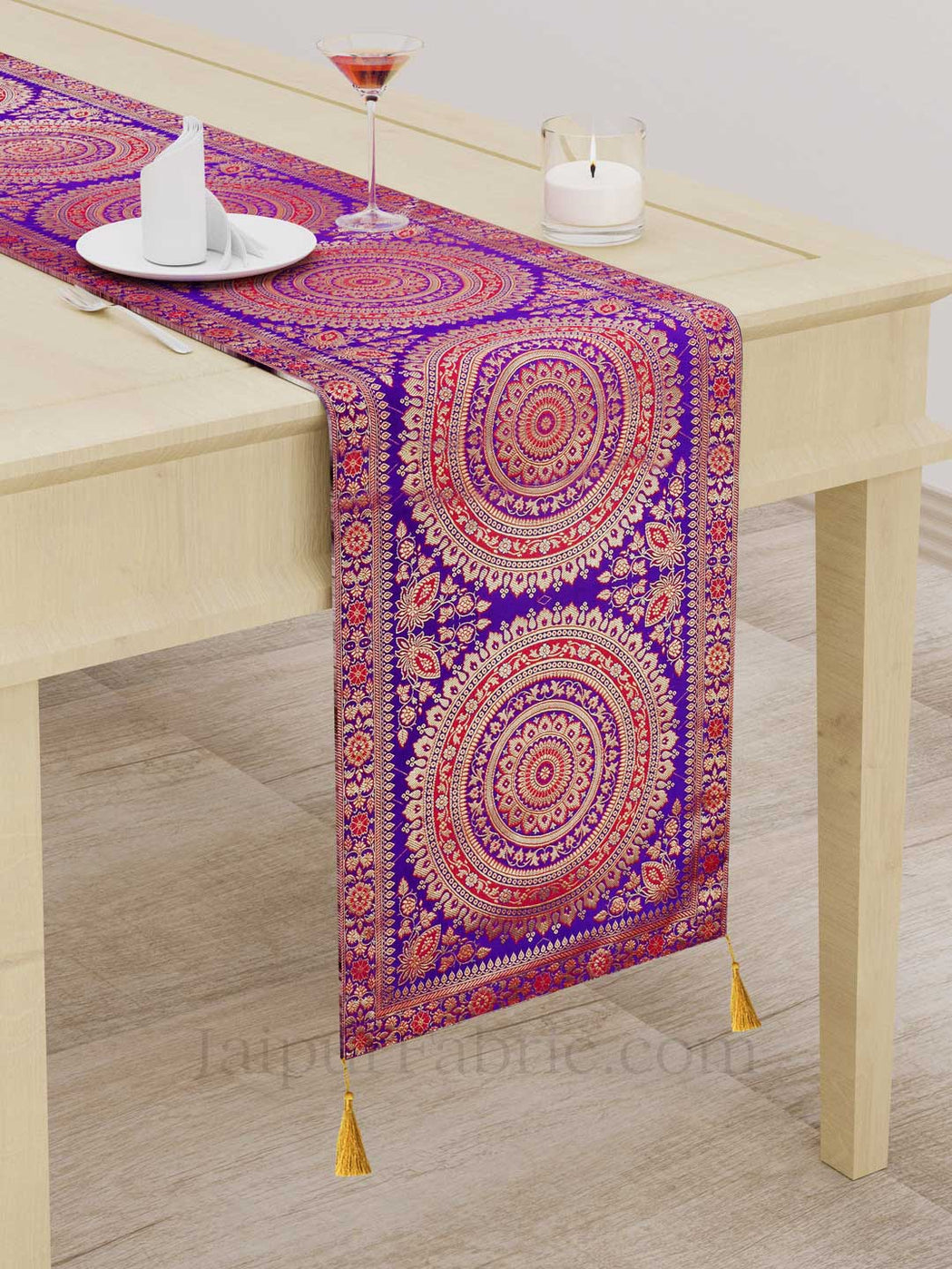 Rich Rangoli Pattern Purple Silk Table Runner