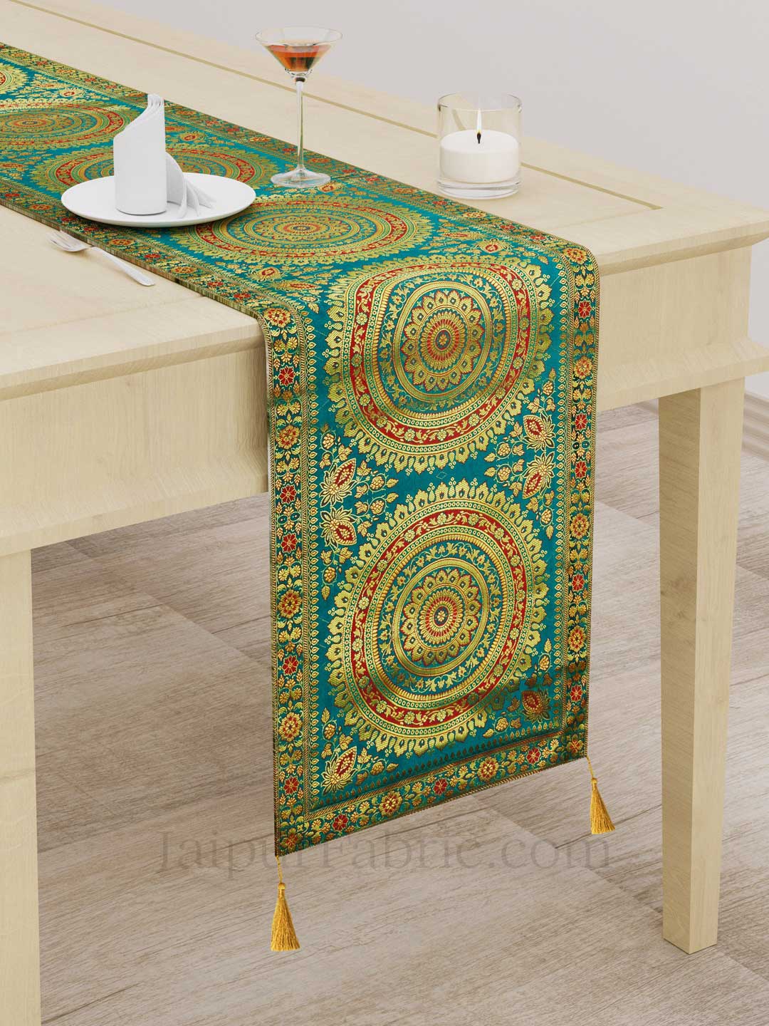 Rich Rangoli Pattern Green Silk Table Runner