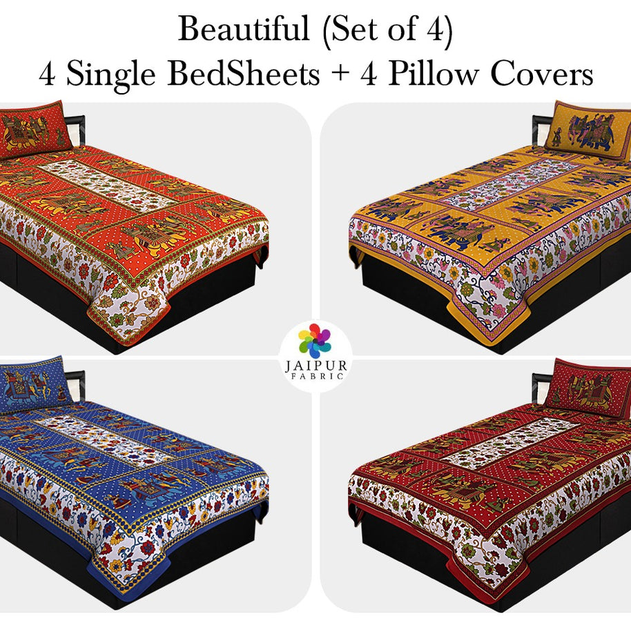 COMBO1 Beautiful Multicolor 4 Bedsheet + 4 Pillow Cover