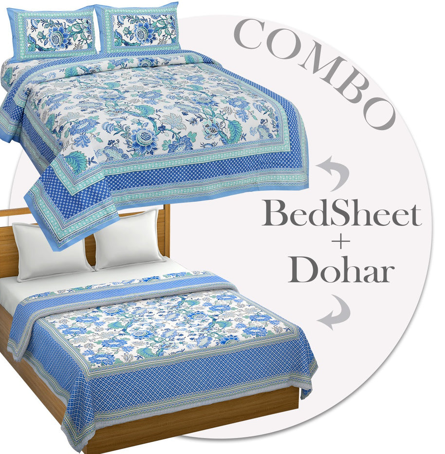 Combo371 Bed in a Bag Blue Floral  1 Dohar + 1 Double BedSheet + 2 Pillow Covers