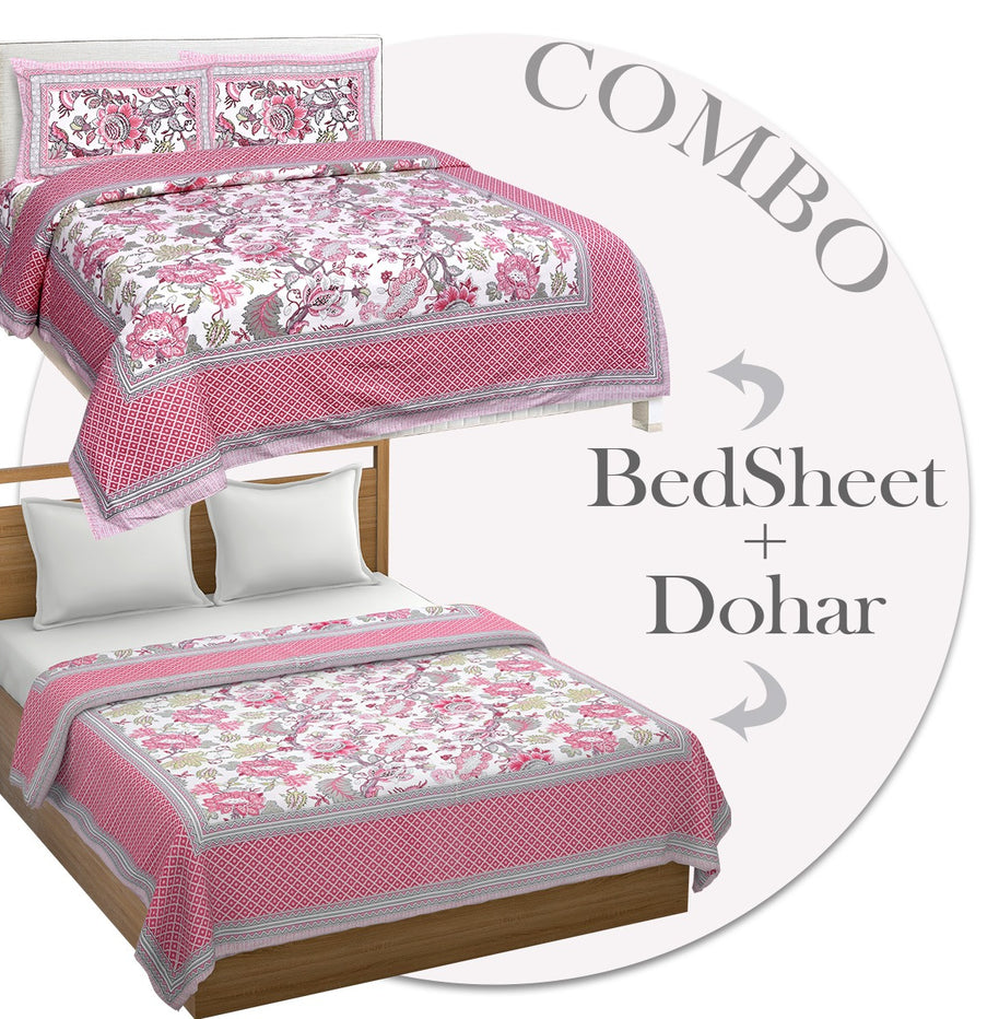 Combo372 Bed in a Bag Pink Floral  1 Dohar + 1 Double BedSheet + 2 Pillow Covers