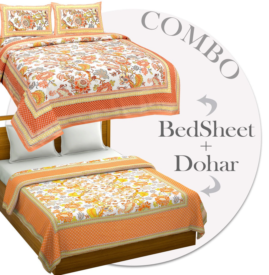 Combo373 Bed in a Bag Orange Floral  1 Dohar + 1 Double BedSheet + 2 Pillow Covers