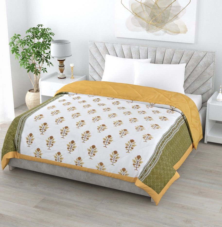 Floral Print Yellow Cotton Quilted Bedcover Comforter Blanket