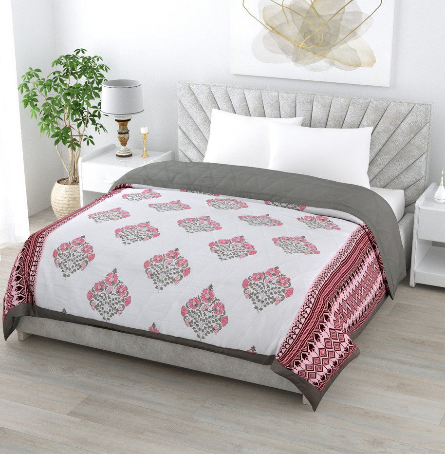 Floral Print Pink Cotton Quilted Bedcover Comforter Blanket