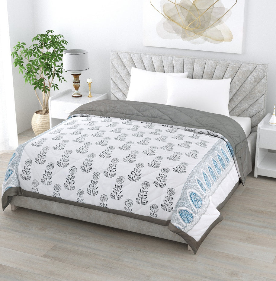 Floral Print Grey Cotton Quilted Bedcover Comforter Blanket