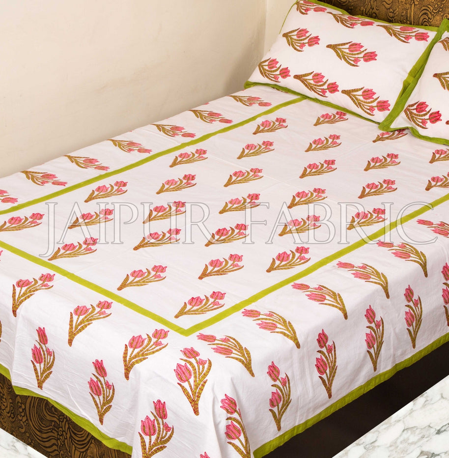 Green Border White Base Pink Flower Handmade Block Print Single Bed Sheet with Two Pillow Covers