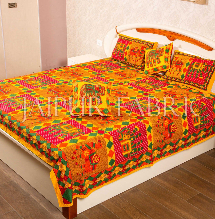 Yellow Jaisalmer Handmade Embroidery with Thread Work Elephant Print Double Bed Sheet with Two Pillow Covers