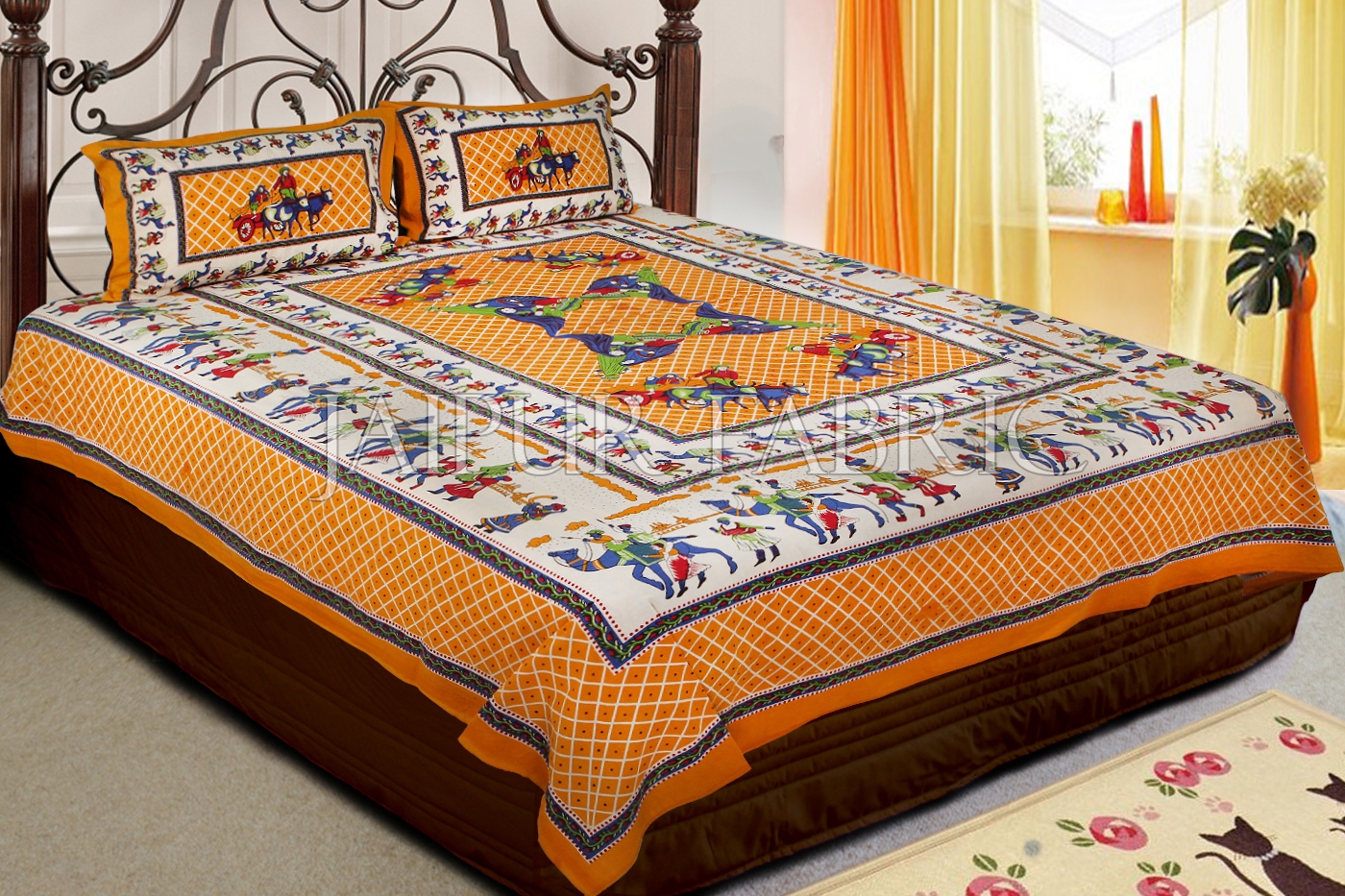 Yellow Base Multi Color Cattle and cart Print Double Bedsheet