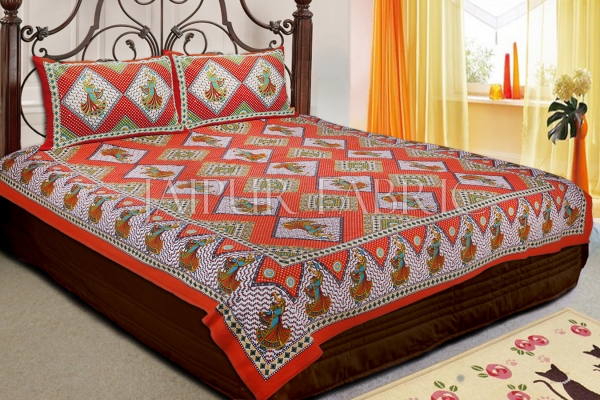 Red and Orange Border With Beige Color Design Single Cotton Bed Sheet