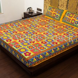 Beige Border Rangoli Print Multi Color Cotton Double Bed Sheet