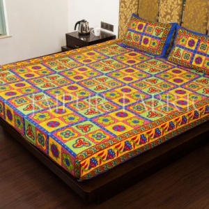 Blue Border Rangoli Print Multi Color Cotton Double Bed Sheet