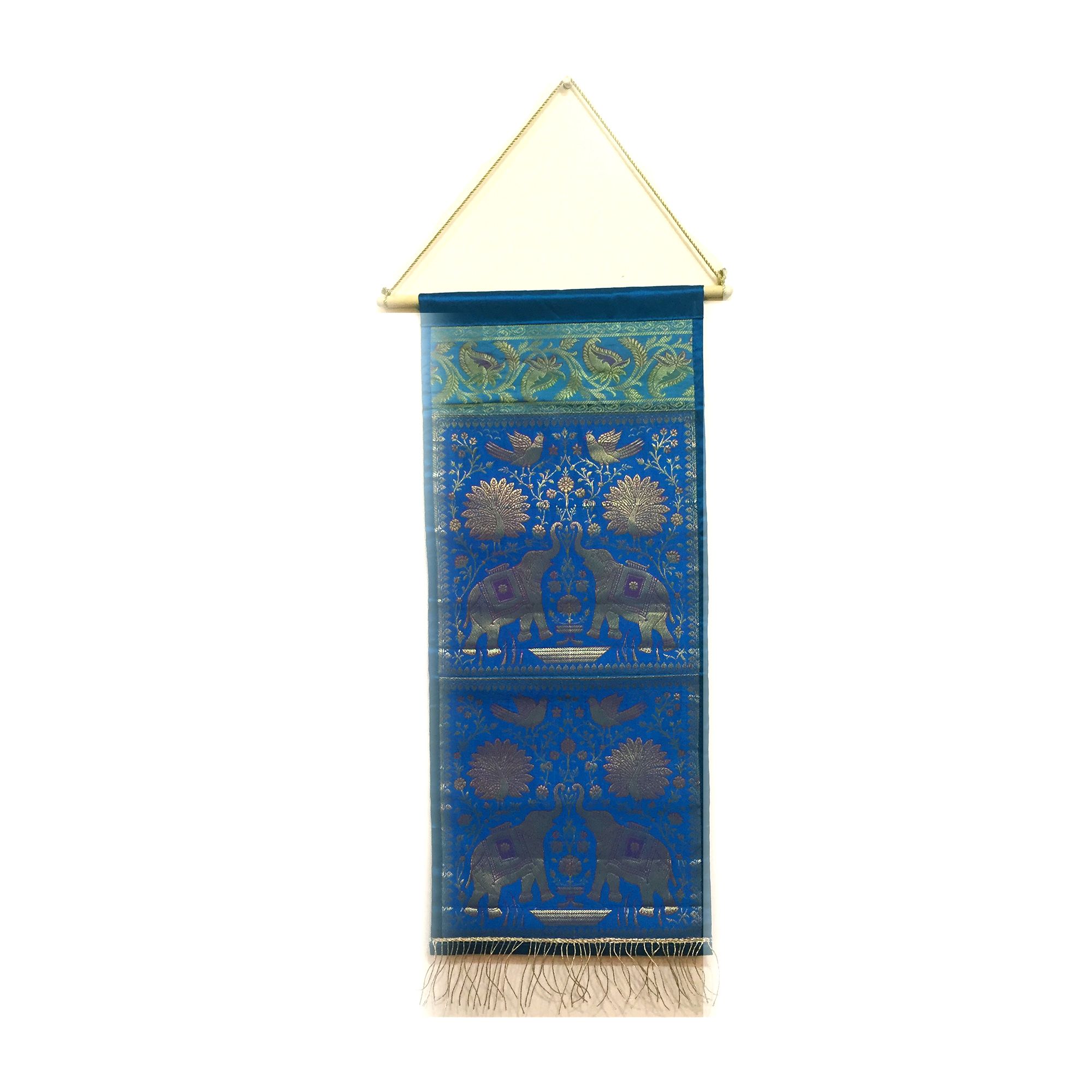 Traditional Brocade Work Elephant & Peacock Design Silk Wall Hanging in Blue
