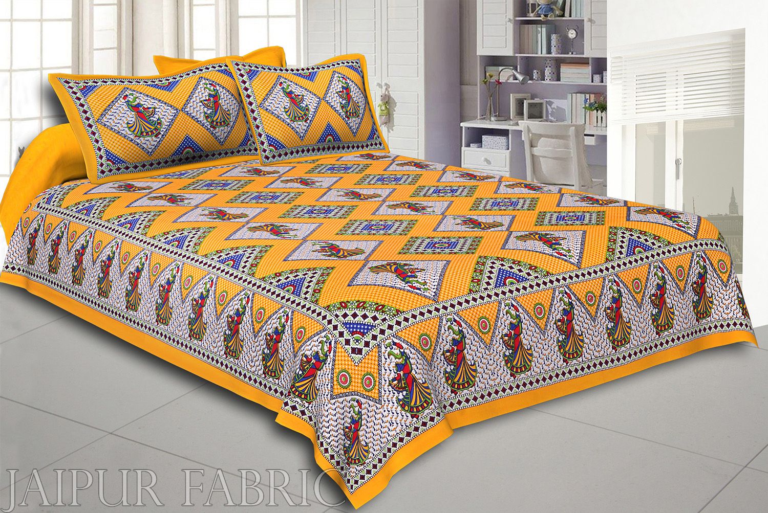 Yellow base jaipur Folk dance Design Double Bedsheet