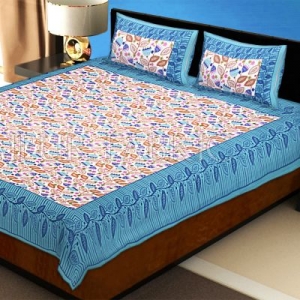 Yellow Border Flower and Leaf Printed Cotton Double Bed Sheet