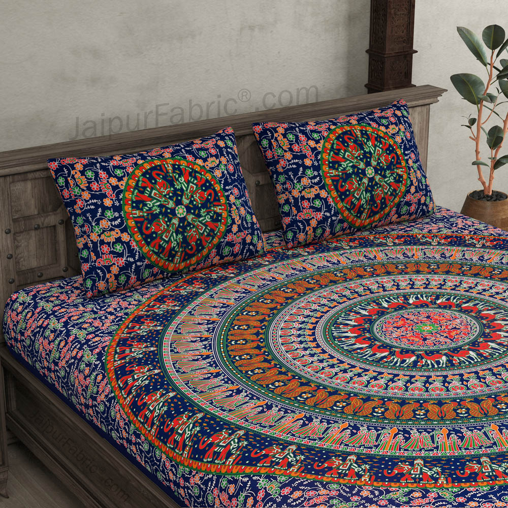 Buy Navy Blue Color Floral Print Mandala Bedsheet Online