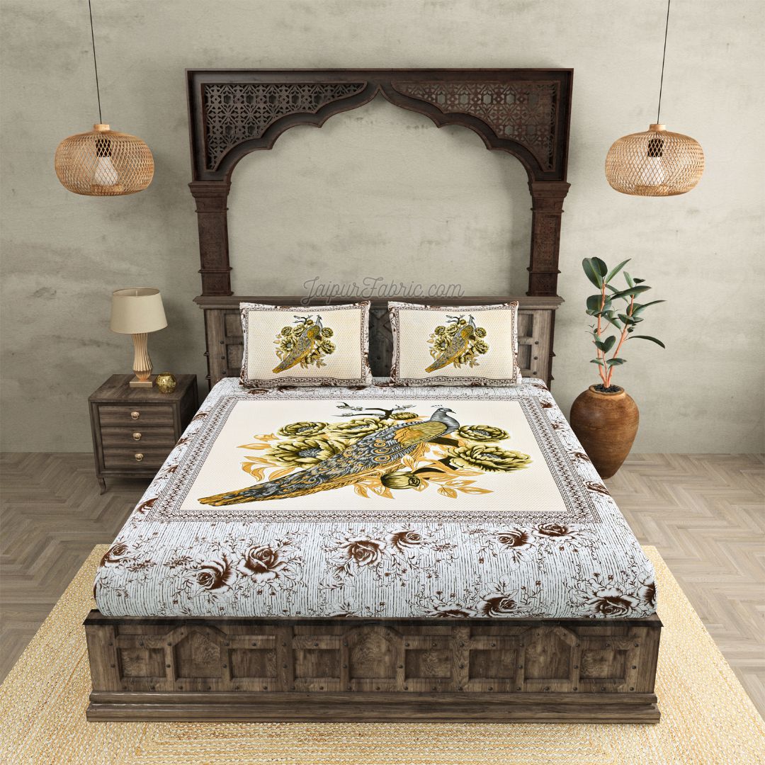 Royal Elegance Grey-Brown Peacock Cotton Double Bed Sheet