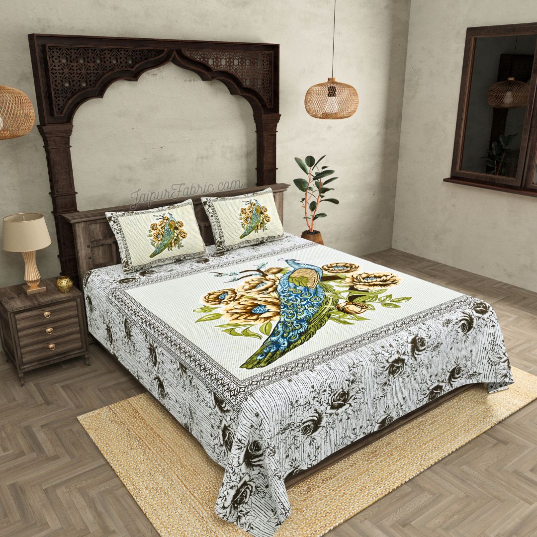 Teal Green Peacock Paradise Cotton Double Bedsheet with Kohler touch