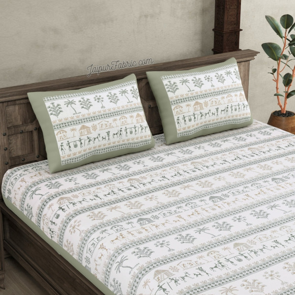 JaipurFabric® Urban Tribals Mint Green Super King Size 10 Feet Wide Premium Cotton Bed Sheet