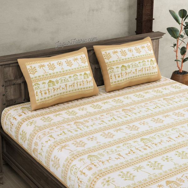 JaipurFabric® Urban Tribals Sand Brown Super King Size 10 Feet Wide Premium Cotton Bed Sheet