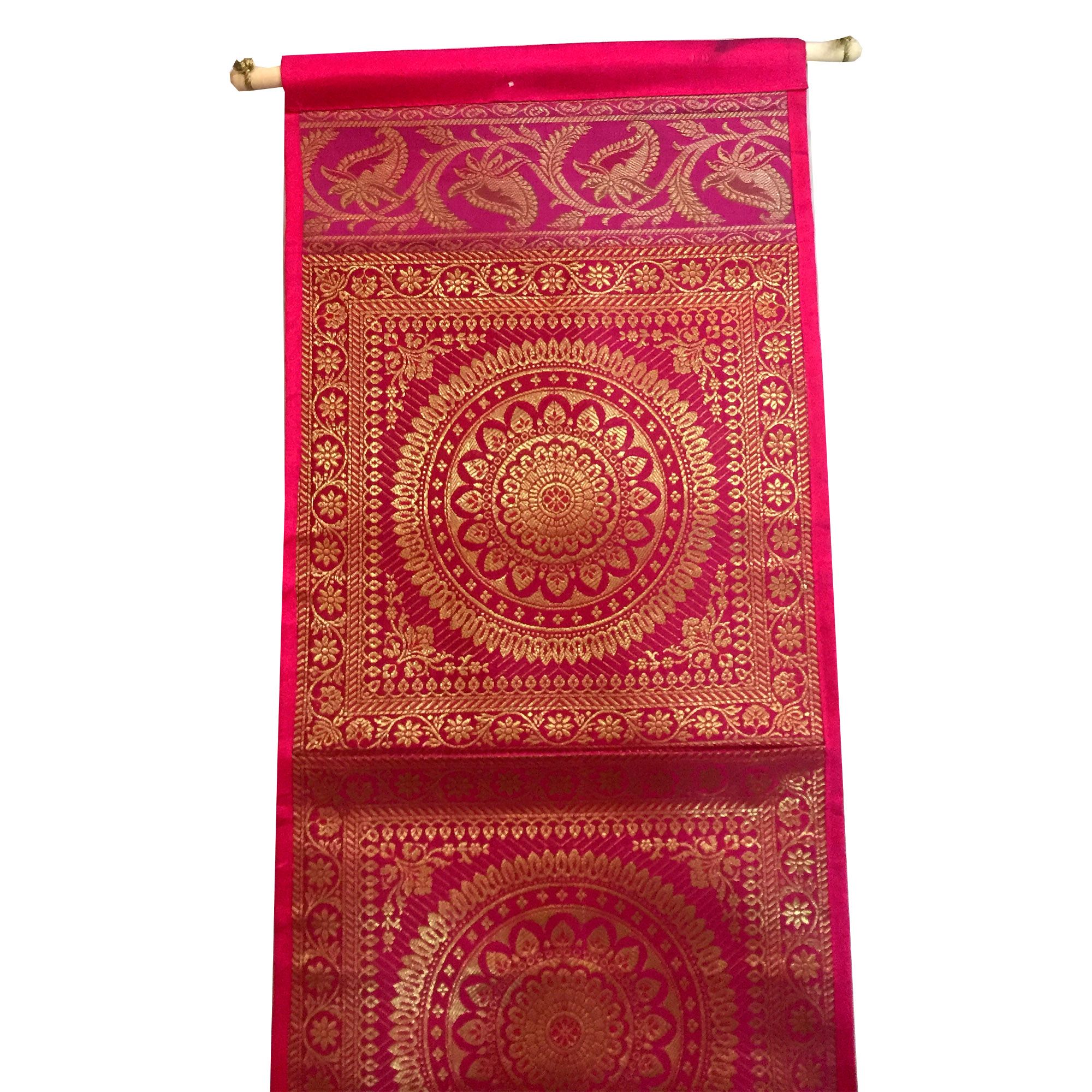Traditional Brocade Work Rangoli Pattern Design Silk Wall Hanging in Pink