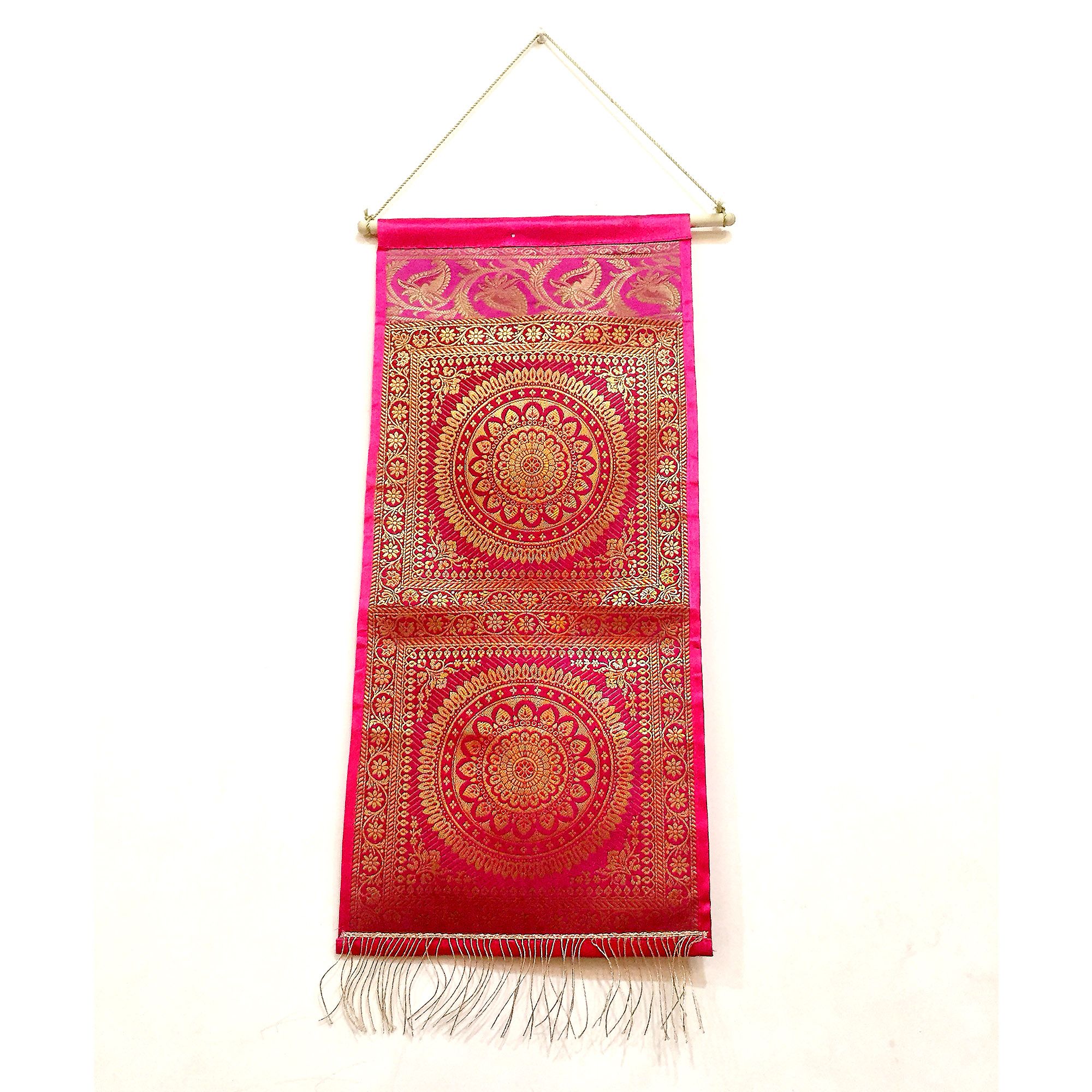 Traditional Brocade Work Rangoli Pattern Design Silk Wall Hanging in Pink