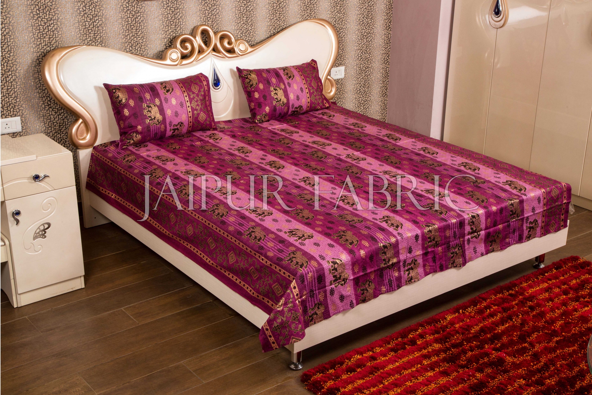 Purple color with Golden Elephant Print Double Bed Sheet